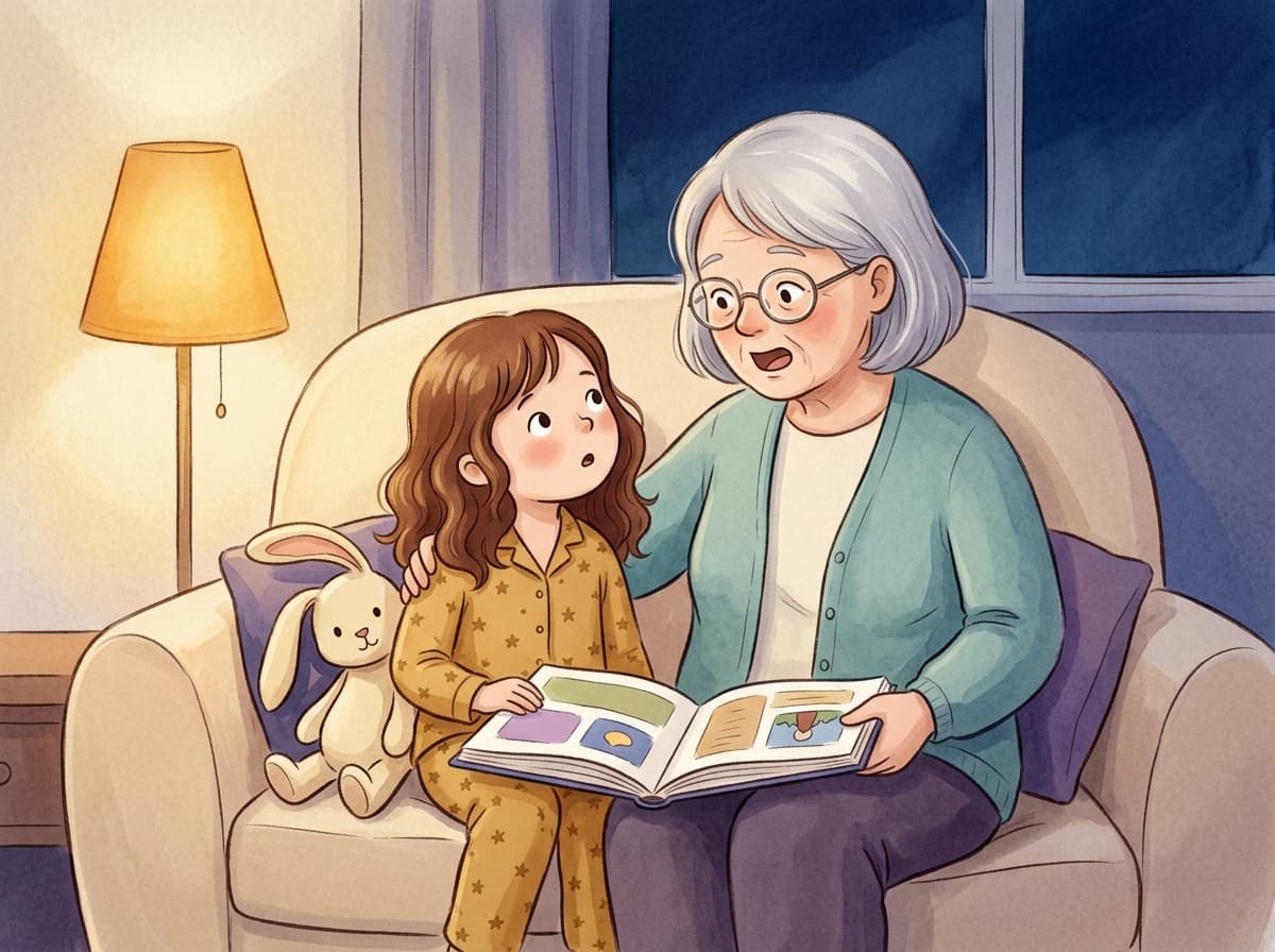 Eine Großmutter und ihr Enkelkind sitzen abends eng nebeneinander auf dem Sofa und schauen gemeinsam in ein Bilderbuch.