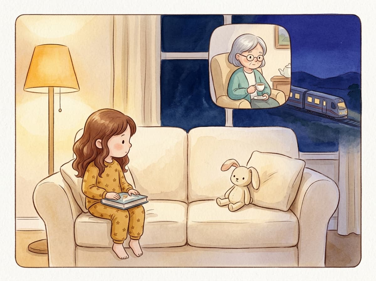 Das Kind sitzt allein auf dem Sofa, der Platz daneben ist leer. Weit entfernt ist die Großmutter in einer anderen Stadt zu sehen.