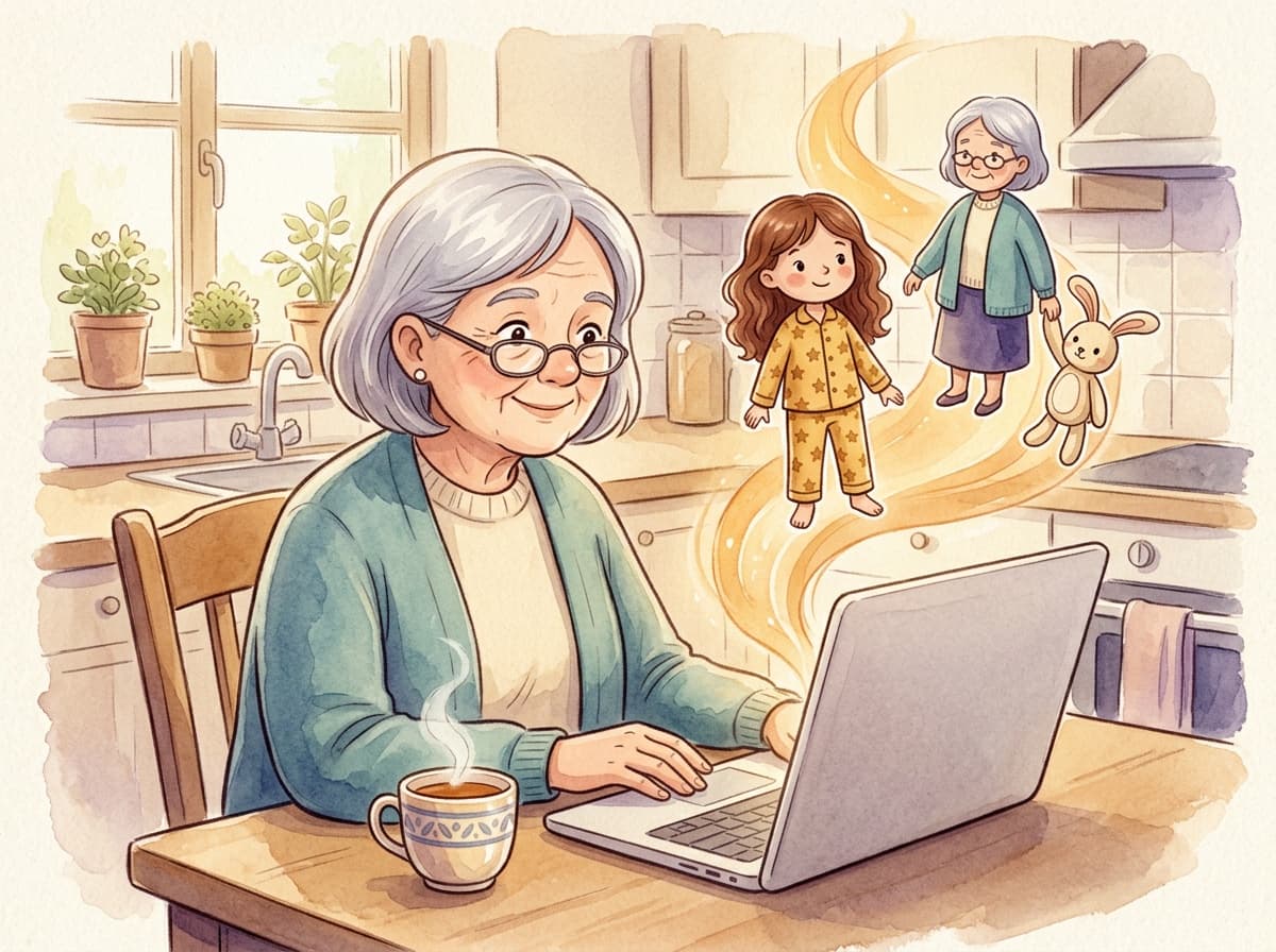 Die Großmutter sitzt am Küchentisch vor einem Laptop; aus dem Bildschirm entstehen die Figuren für die Geschichte.