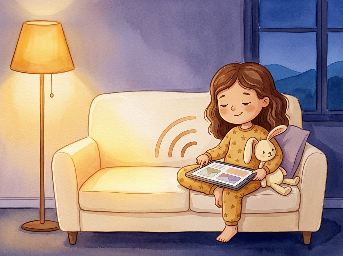 Das Kind sitzt wieder auf demselben Sofa wie am Anfang, hört mit einem Tablet auf dem Schoß zu und lächelt; der Platz daneben liegt im warmen Lampenlicht.